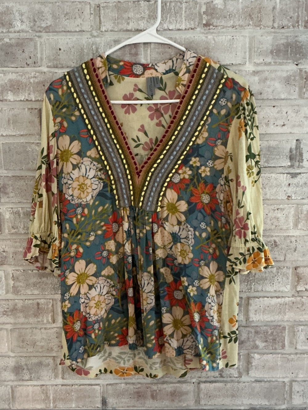 Anthropologie Floral V-Neck Tunic in Blue and Cream with Red Accents